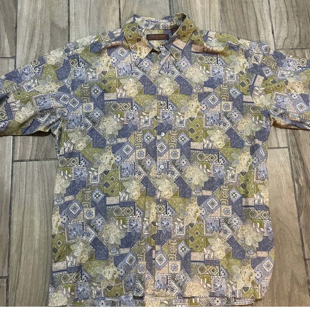 Tori Richard Hawaiian Shirt Blue Green Floral All Over Men’s Size Xl